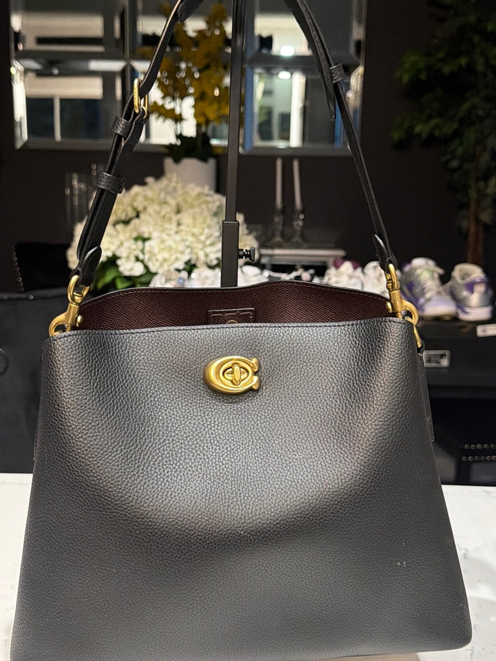 Coach Black Leather Shoulder Bag with Gold Turn-Lock